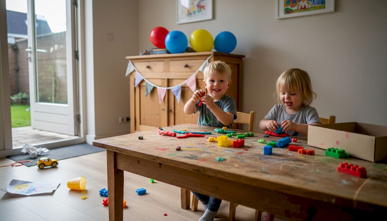 Aan een vrolijk gedekte tafel zitten kinderen gezellig te kleien.