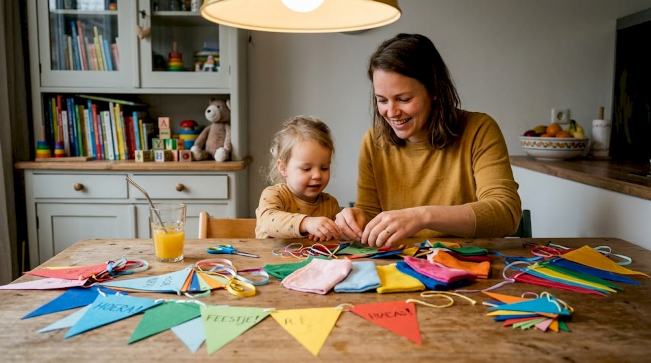 Samen bekijken ouder en kind verschillende materialen om een slinger mee te maken.
