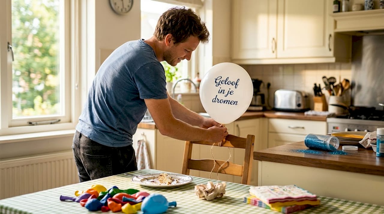 Man bevestigt een tekstballon in de keuken