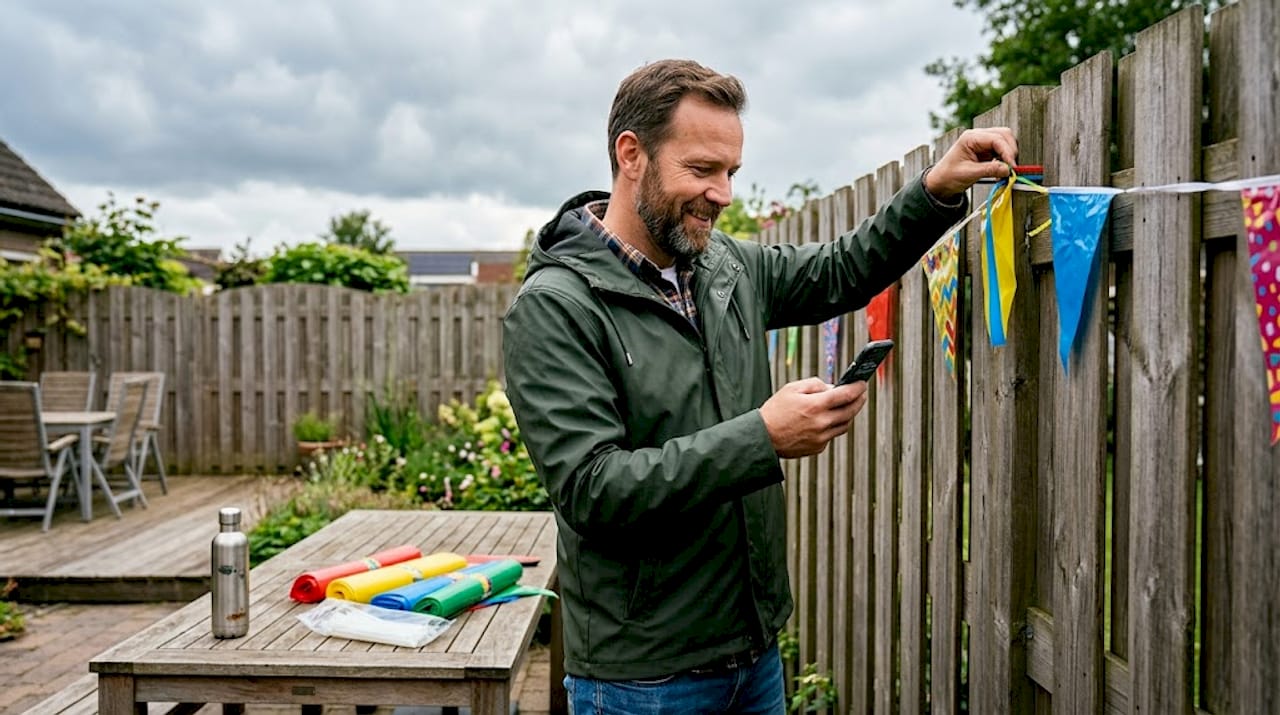 Een man hangt een plastic slinger aan de schutting ter voorbereiding op het tuinfeest.