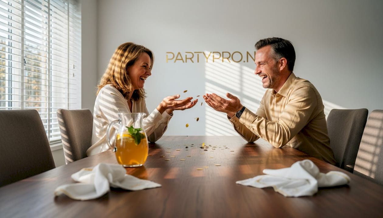 Gasten spelen met confetti aan tafel