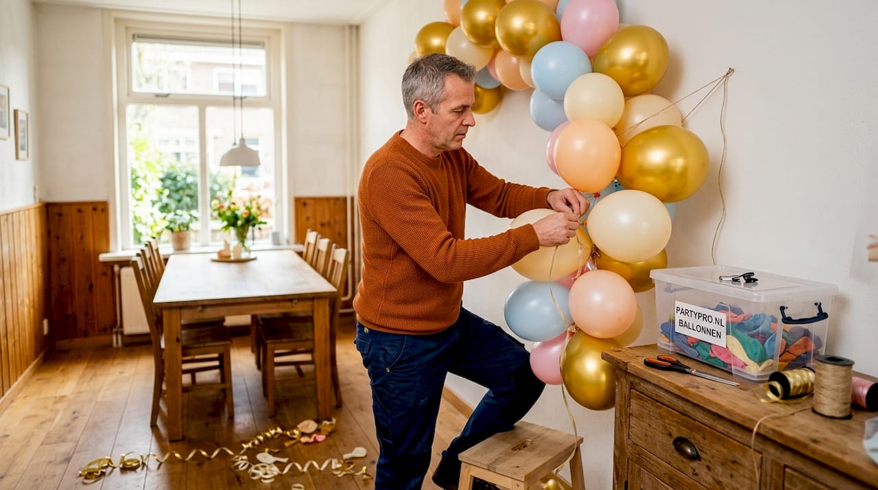 Met veel aandacht en precisie maakt een man een feestelijke ballonnenboog midden in zijn woonkamer.