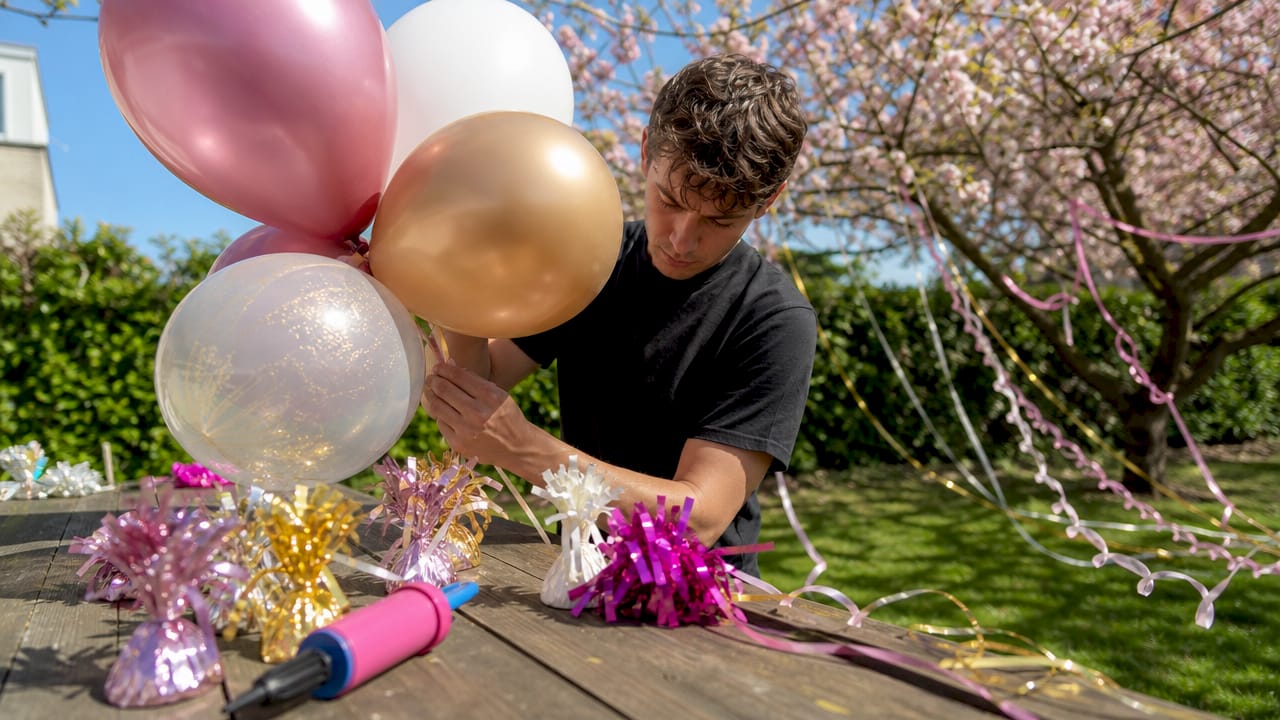 Handen die druk bezig zijn met het opblazen en versieren van ballonnen