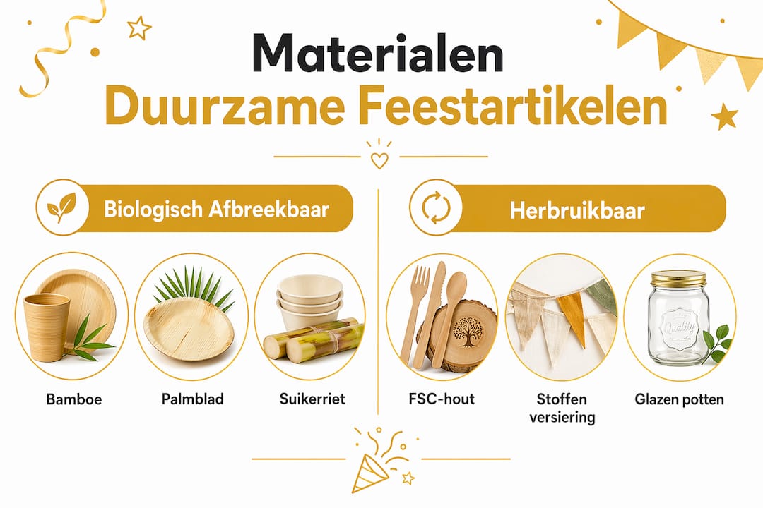 Overzichtelijke infographic: welke duurzame materialen worden gebruikt voor feestartikelen?