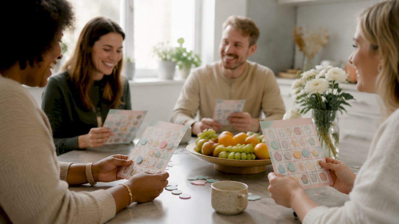 Rond de tafel zijn mensen gezellig bezig met babyshower bingo; overal zie je handen druk in de weer met bingokaarten en stiften.