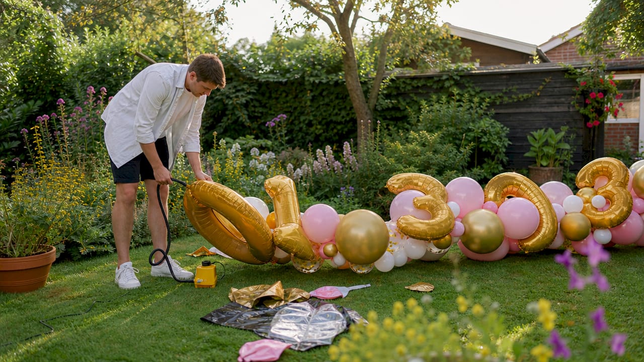 Man zet in korte tijd een kleurrijke ballonnenboog op in de hal