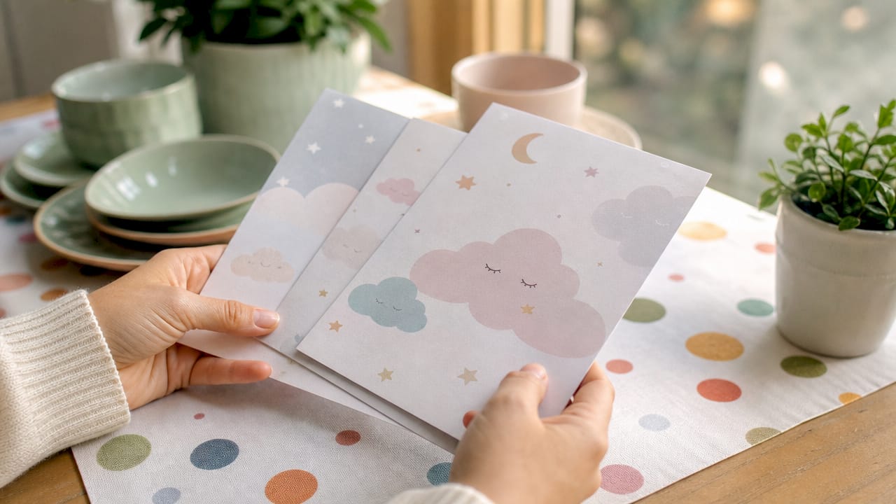 Detailfoto van zachte, pastelgekleurde babyshower uitnodigingen tussen vrolijke confetti