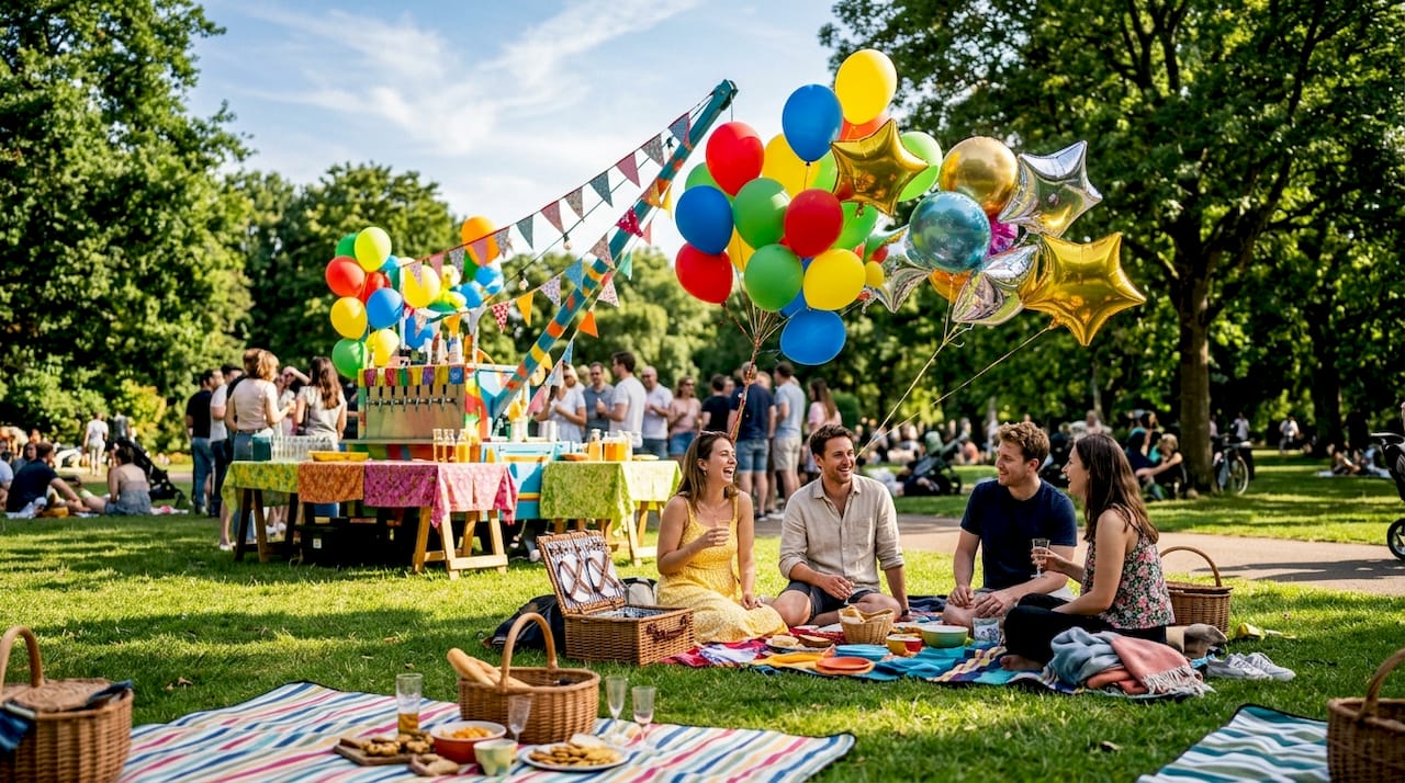 Feestelijke buitenparty met heliumballonnen en latex ballonnen