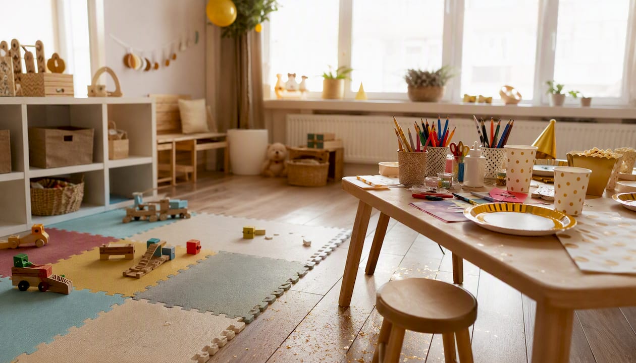 Gezellige kinderhoekjes met speelgoed, knutselmaterialen en feestelijke serviesjes.