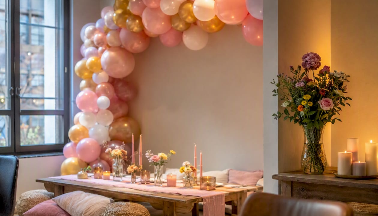 Een gezellige woonkamer, versierd met persoonlijke feestartikelen en kleurrijke ballonnen.