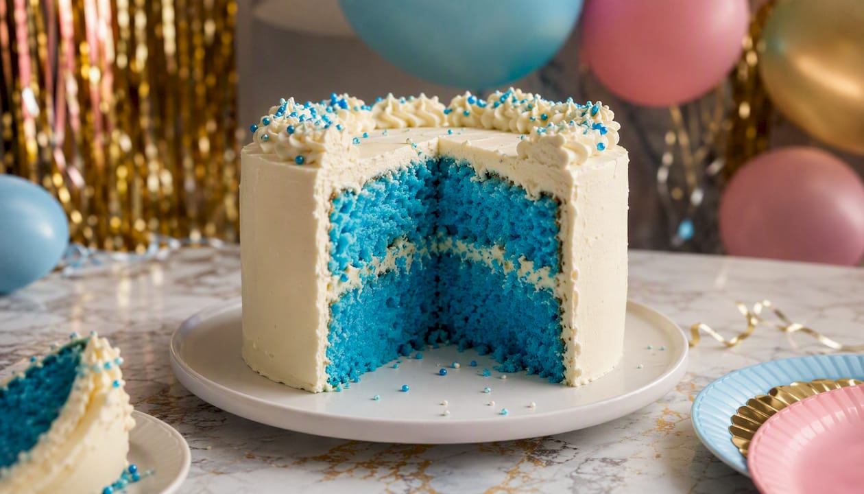 De gender reveal taart is aangesneden en het roze binnenste verklapt dat er een meisje op komst is.