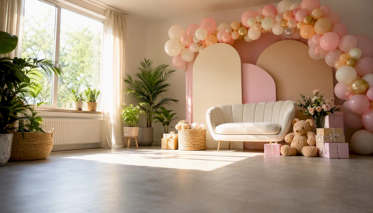 Een gezellige babyshower-fotospot met natuurlijk licht en vrolijke ballonnen.