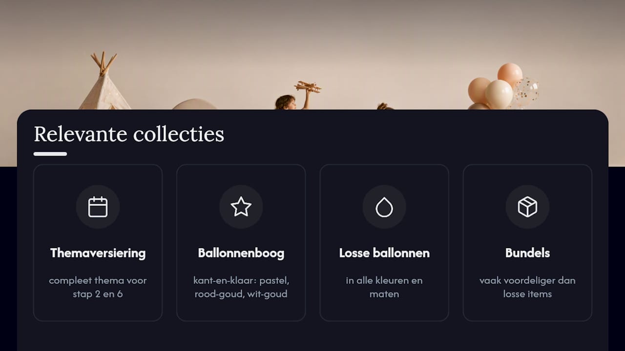 Snel naar relevante producten en collecties bij Partypro — overview diagram