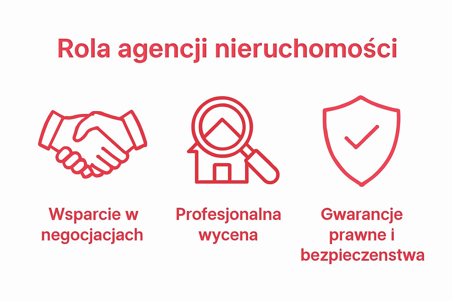 Three icons showing negotiation, valuation, and safety roles of real estate agencies