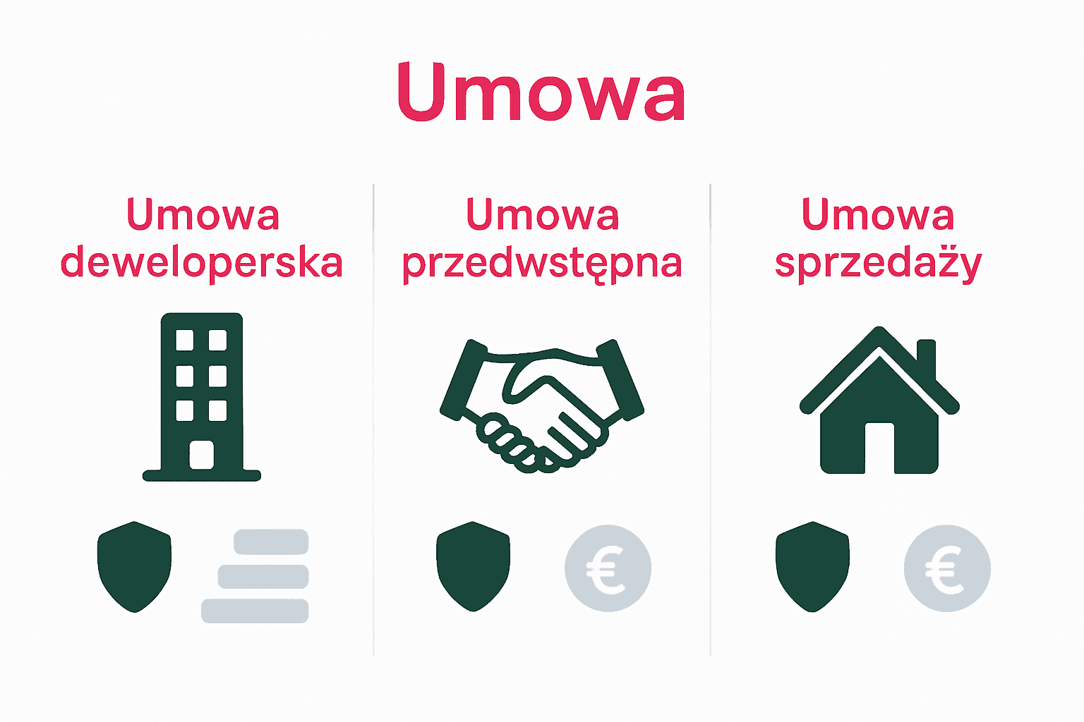 Porównanie graficzne umowy deweloperskiej, przedwstępnej i sprzedaży