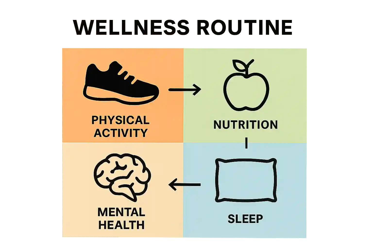 Infographic showing four essential pillars of wellness routines: activity, nutrition, mental health, sleep.
