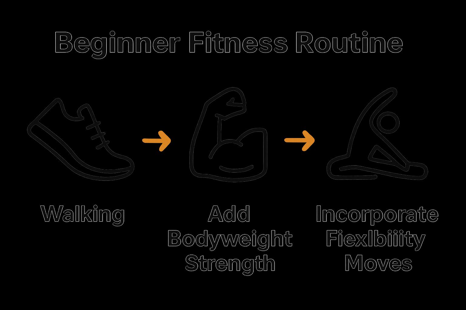 Three-step beginner fitness routine infographic: walking, strength, flexibility