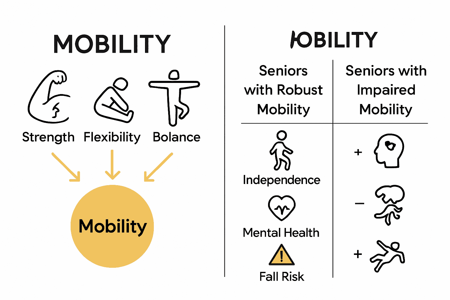 Infographic comparing outcomes of strong versus impaired mobility in seniors
