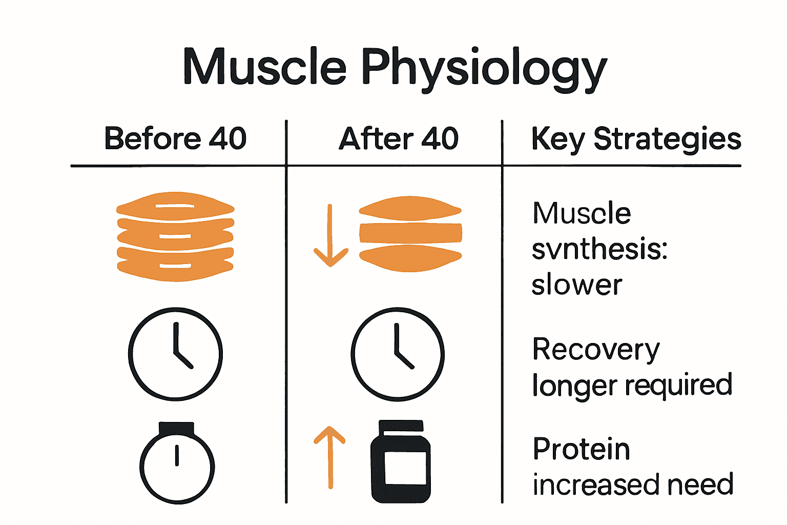 Infographic comparing muscle physiology changes before and after 40 and key training or nutrition strategies to counteract age-related decline.