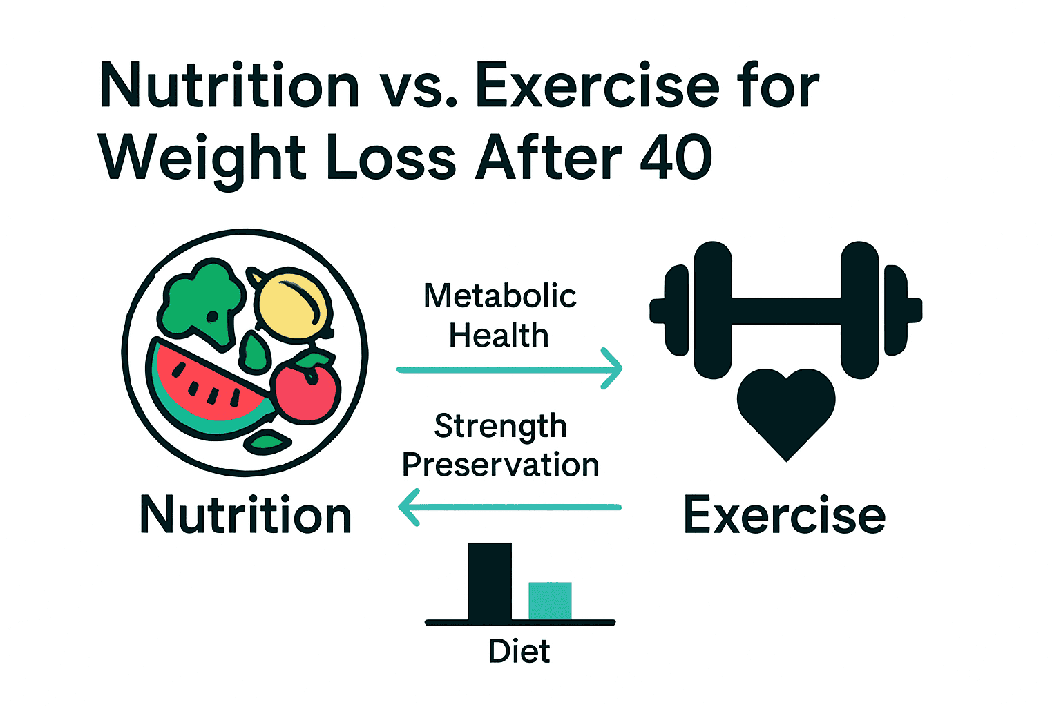 Infographic comparing nutrition and exercise value for weight loss after 40