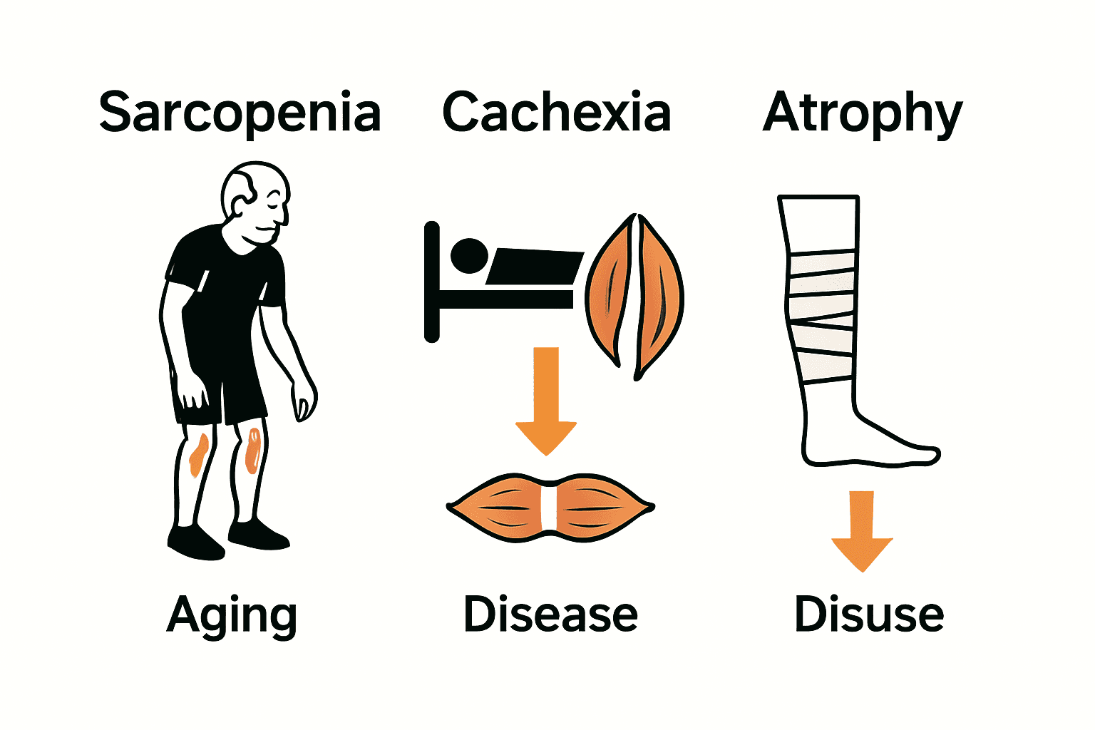 Infographic comparing sarcopenia, cachexia, and atrophy muscle loss types.