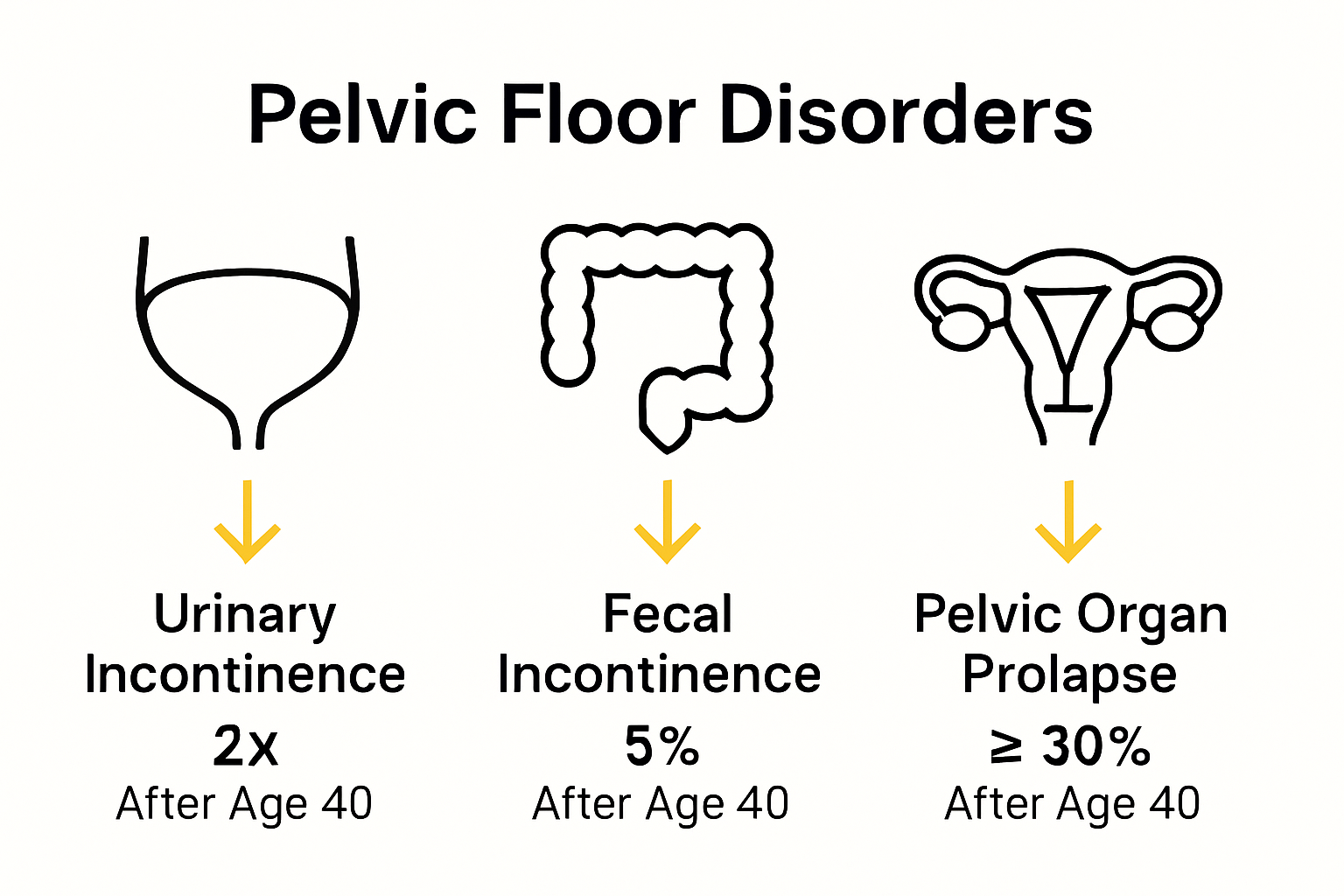 Infographic comparing urinary incontinence, fecal incontinence, and pelvic organ prolapse.