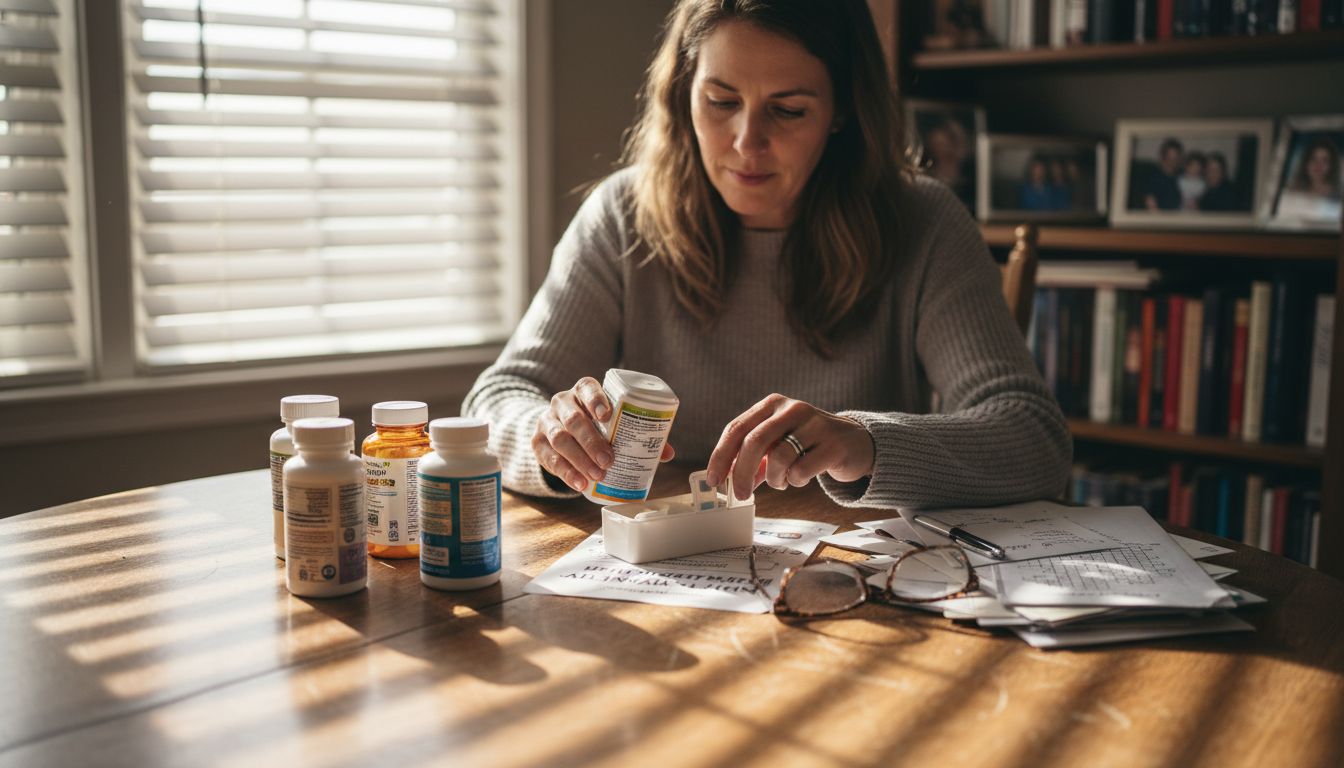 Mature woman sorting vitamin bottles at table