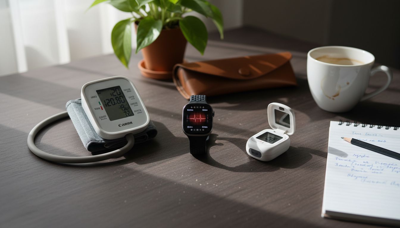 Various wearable health devices displayed on desk