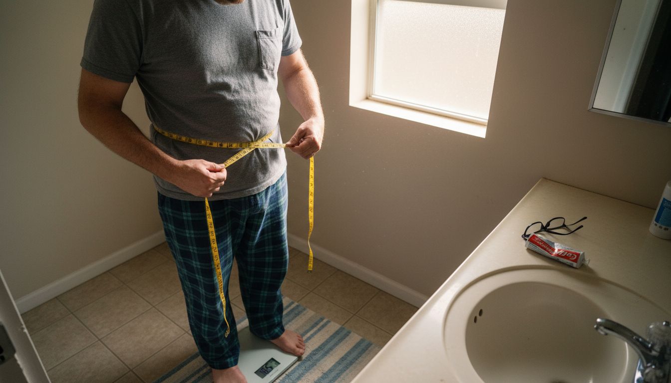 Man measuring waist on bathroom scale