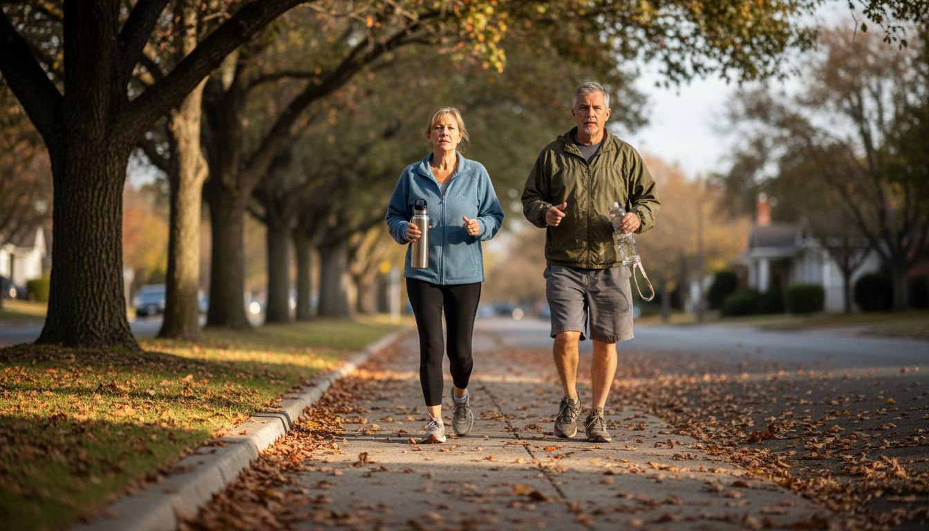 Couple walking for heart health outdoors