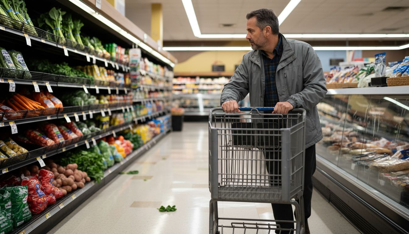 Man choosing fresh vegetables store perimeter