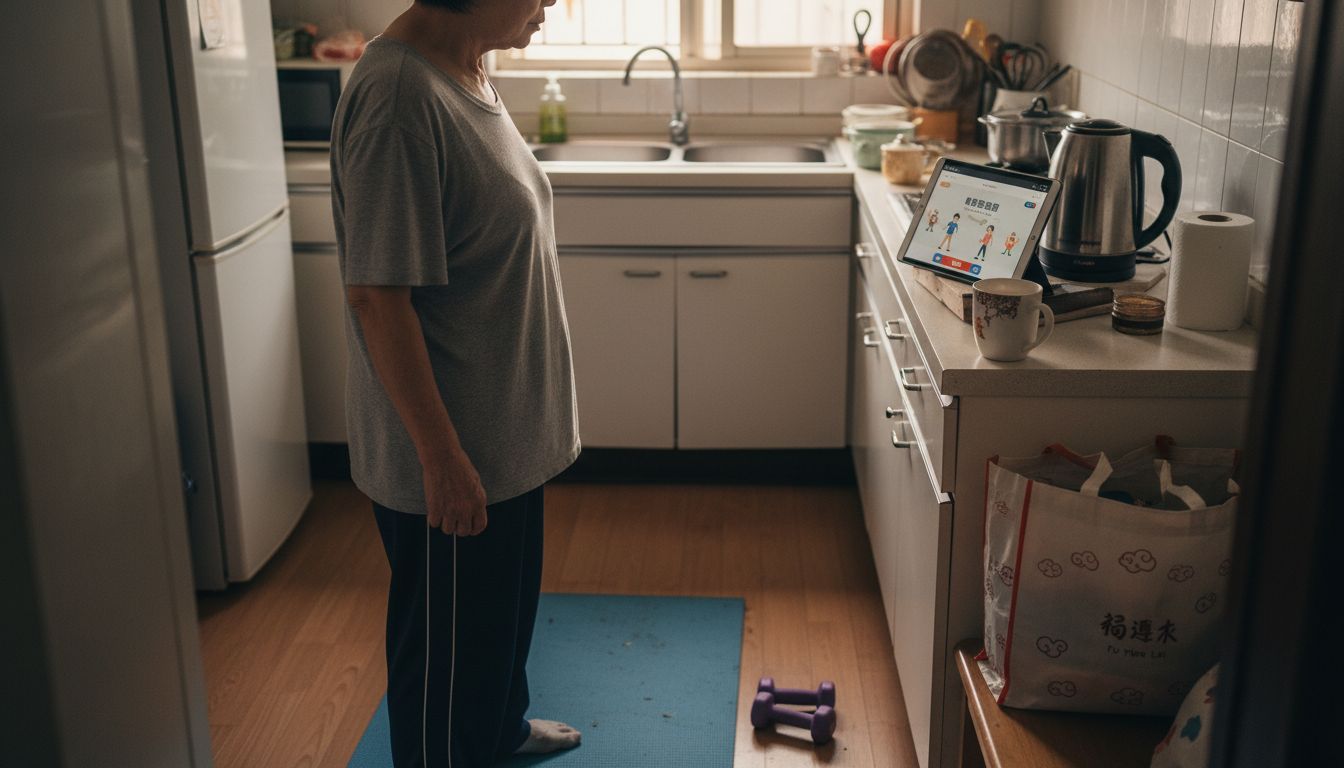 一位年长女士正在家里坚持锻炼身体，按照自己的健身计划有条不紊地进行着。