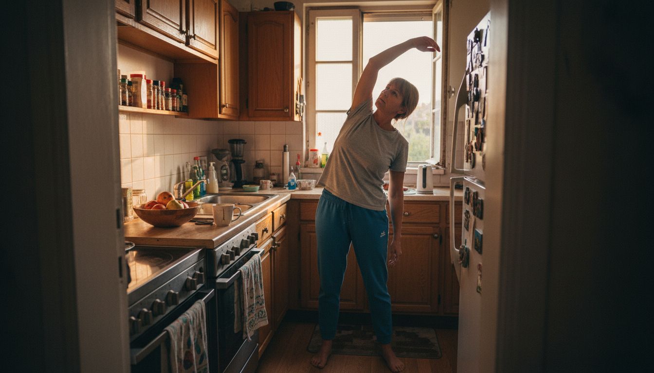 Woman doing side stretch in home kitchen