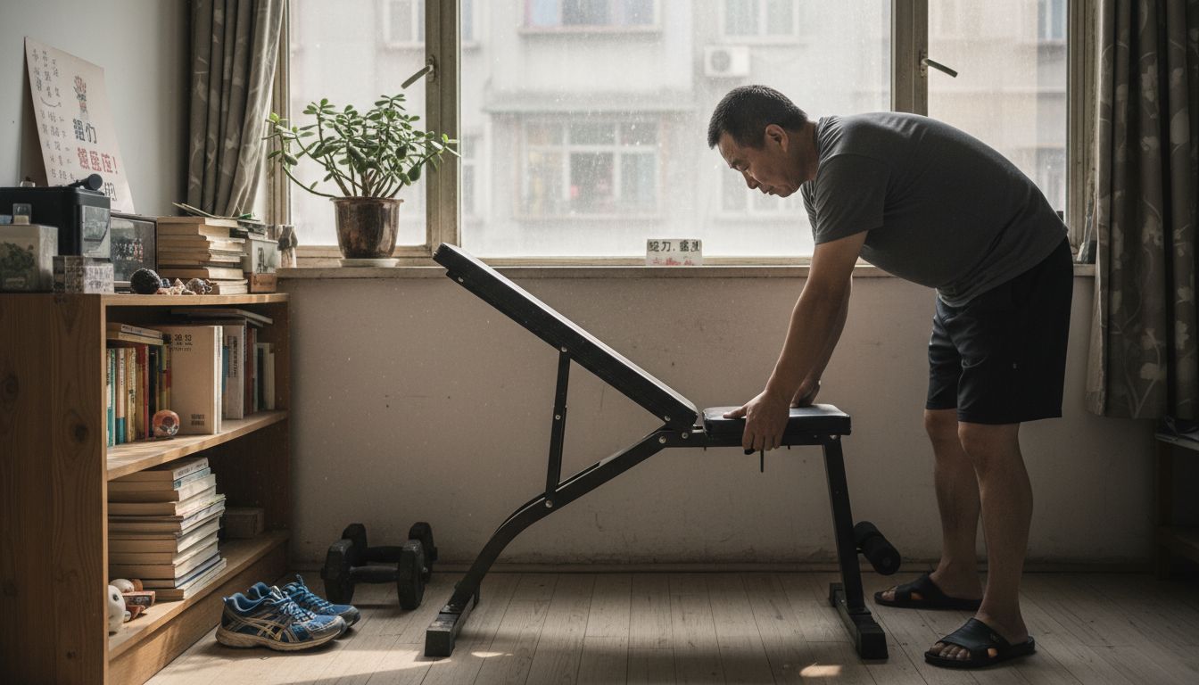 一位男士正在家里组装折叠健身椅，准备开始锻炼。