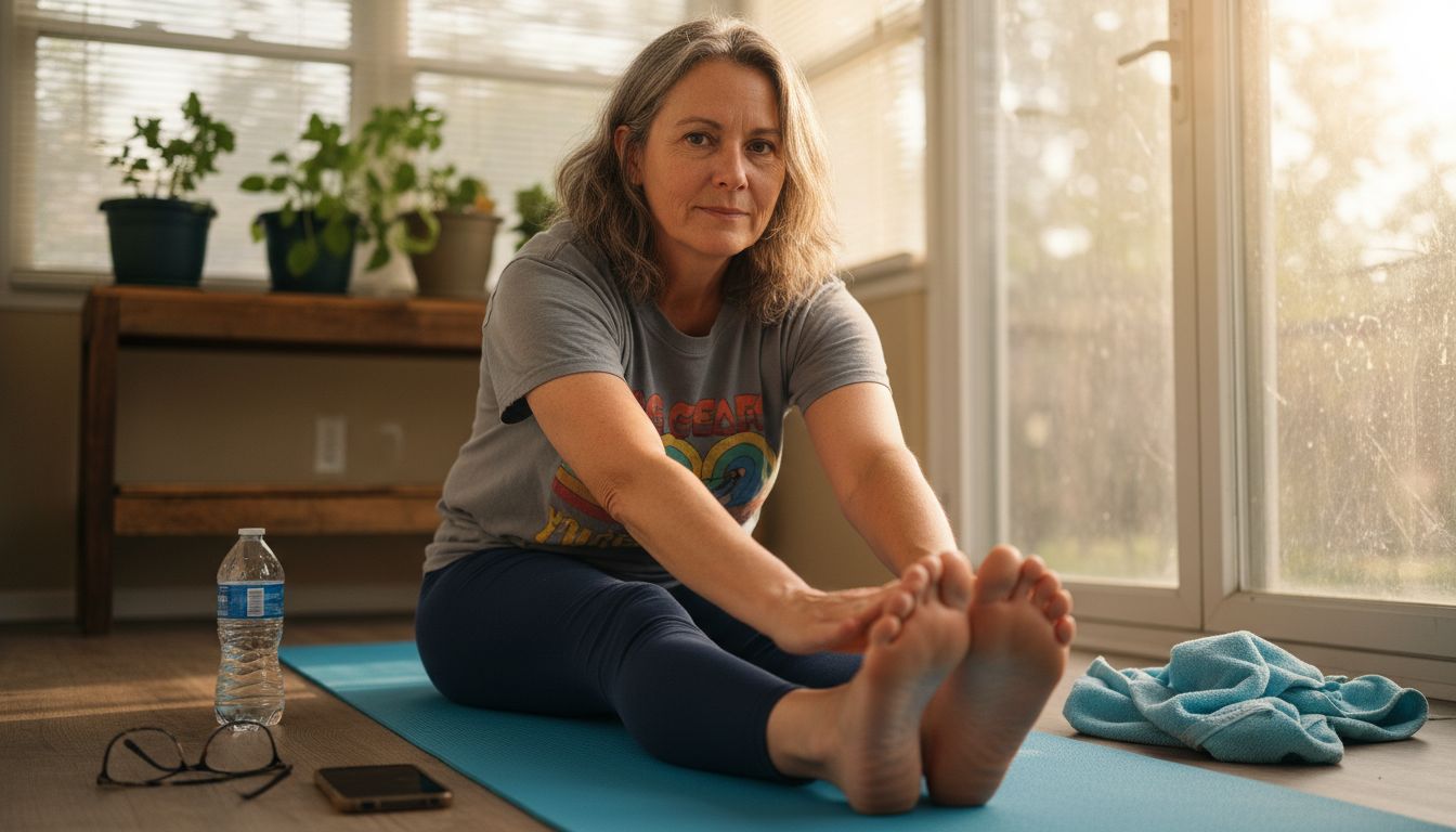 Woman in 50s stretching on yoga mat