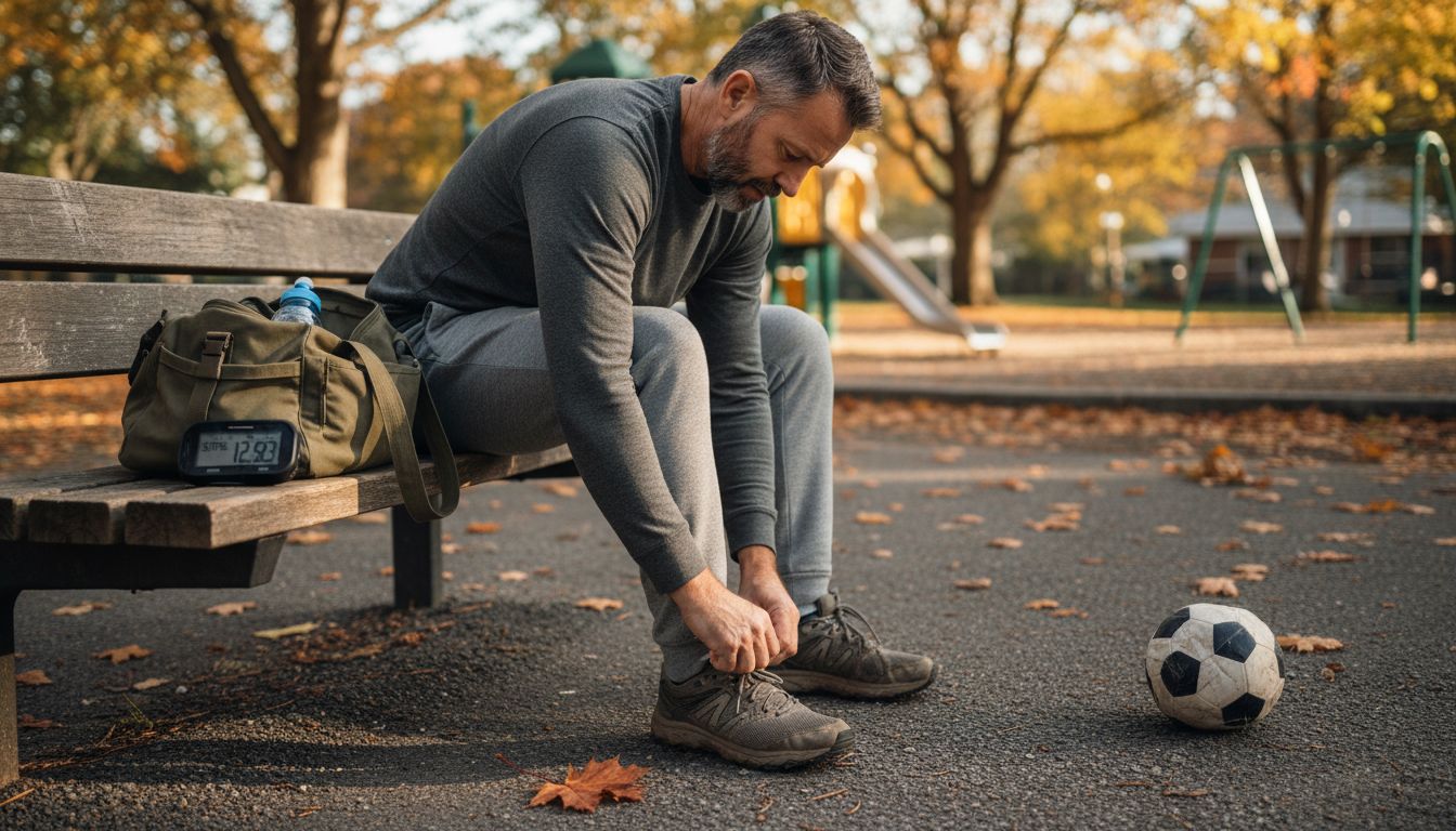 Man preparing walking gear on bench