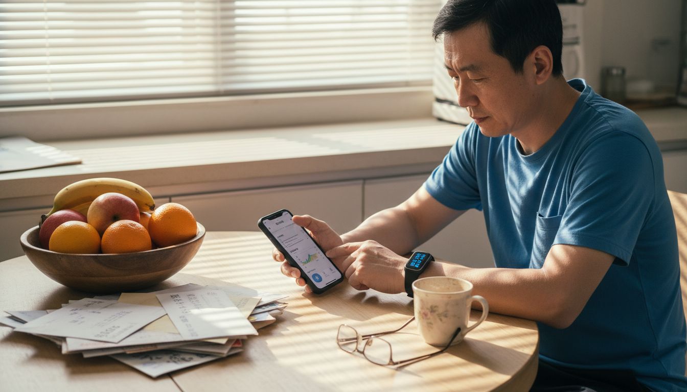 一位男士正在用智能手环查看自己的健康数据。