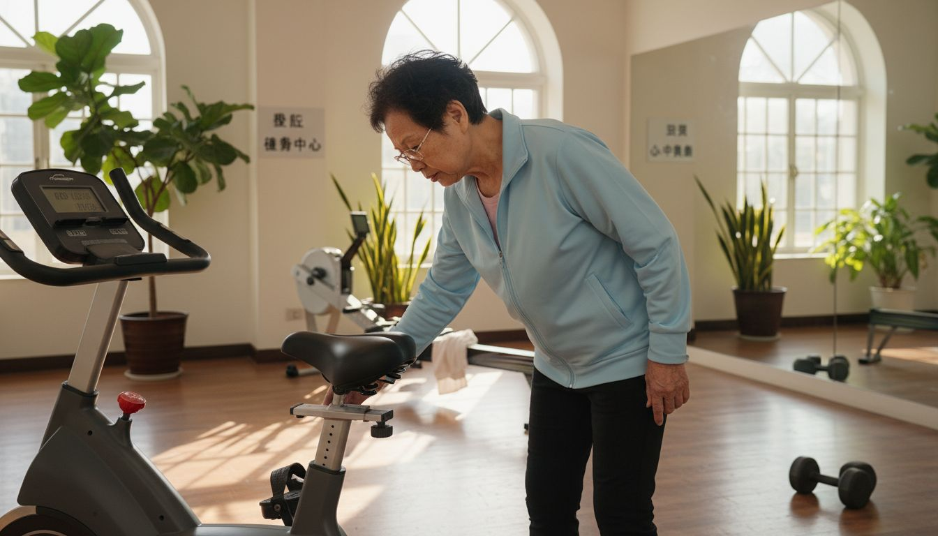 一位年长的女士正在仔细检查健身车的安全情况。