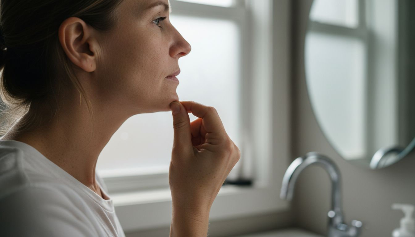 Closeup of woman pinching facial skin texture