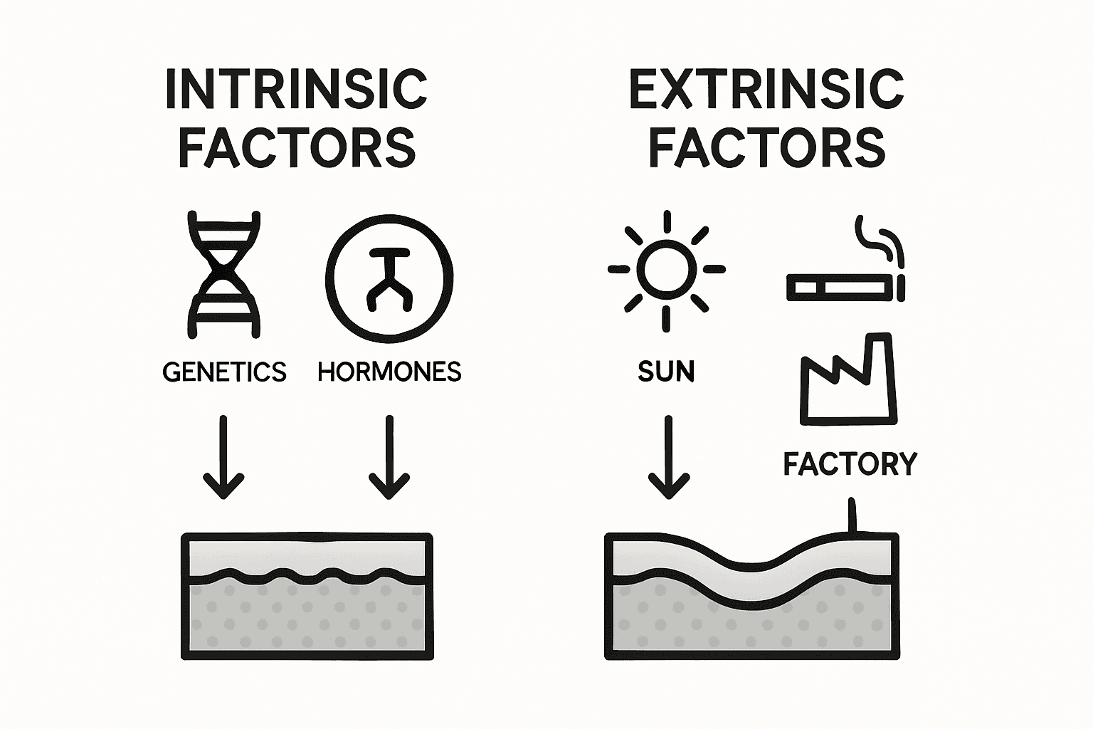 Infographic comparing intrinsic and extrinsic causes of skin elasticity loss