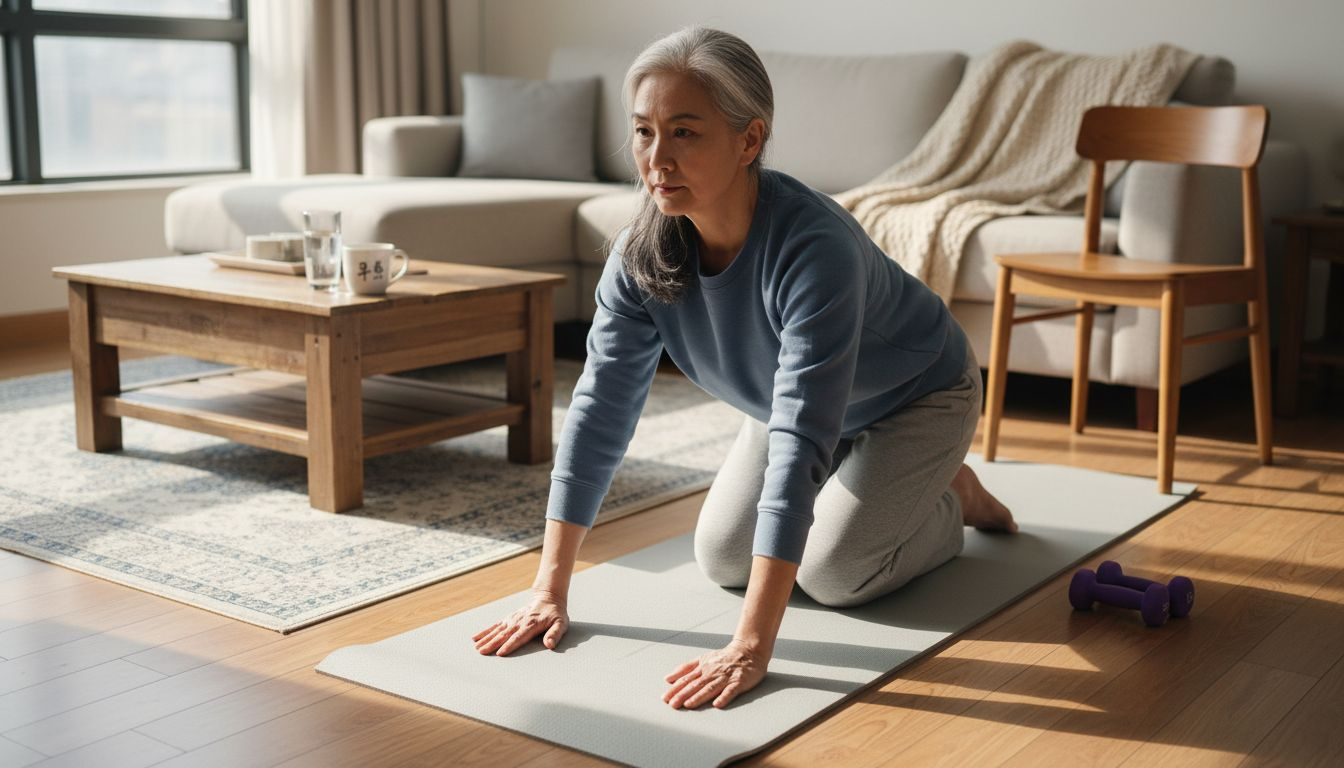 一位年长女性在家里练习瑜伽,享受属于自己的健康时光。