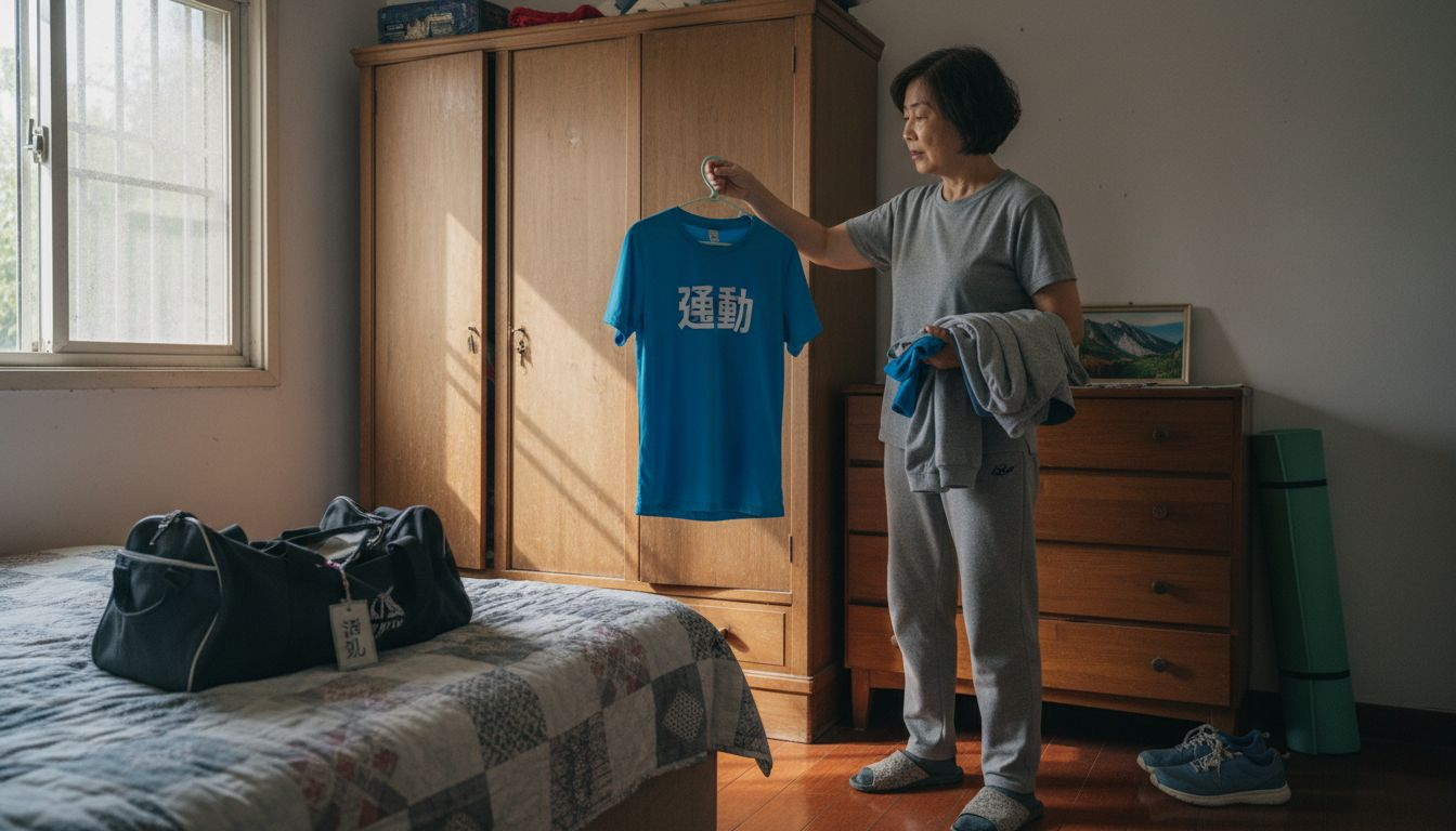 一位年长的女士在家精心挑选适合锻炼的运动服装。