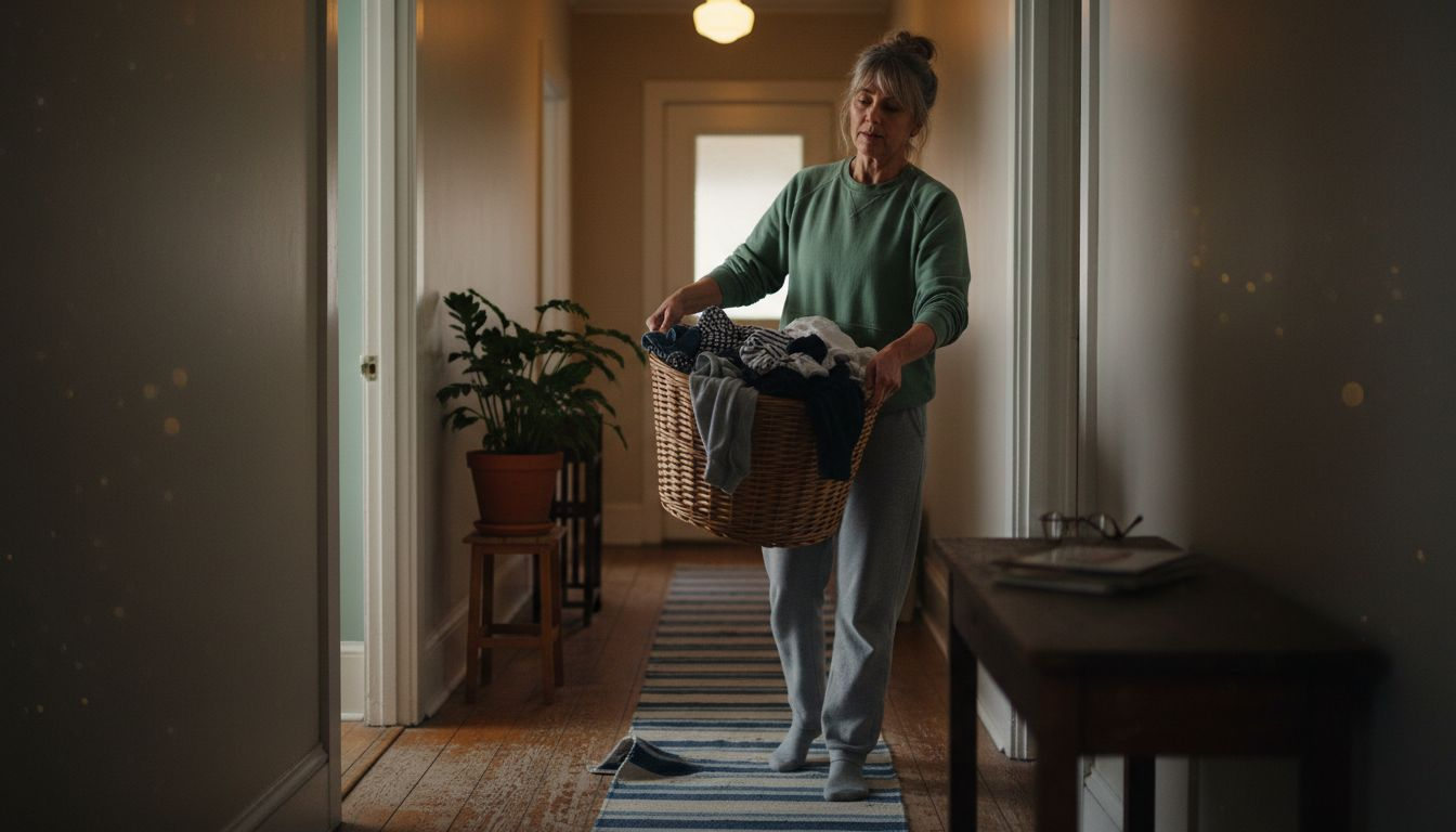 Woman lifting laundry basket at home