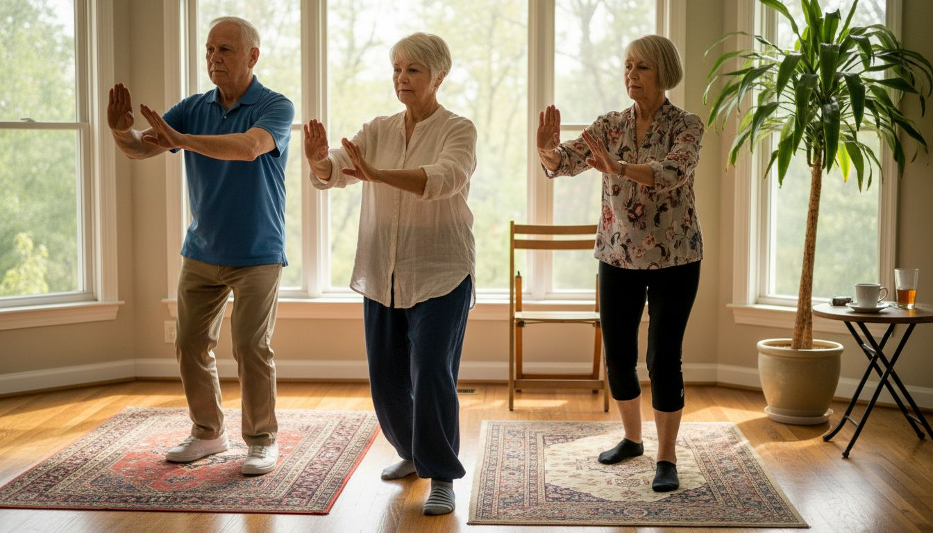 几位老人正在室内打太极，动作舒缓有序，既锻炼了身体，又陶冶了身心。