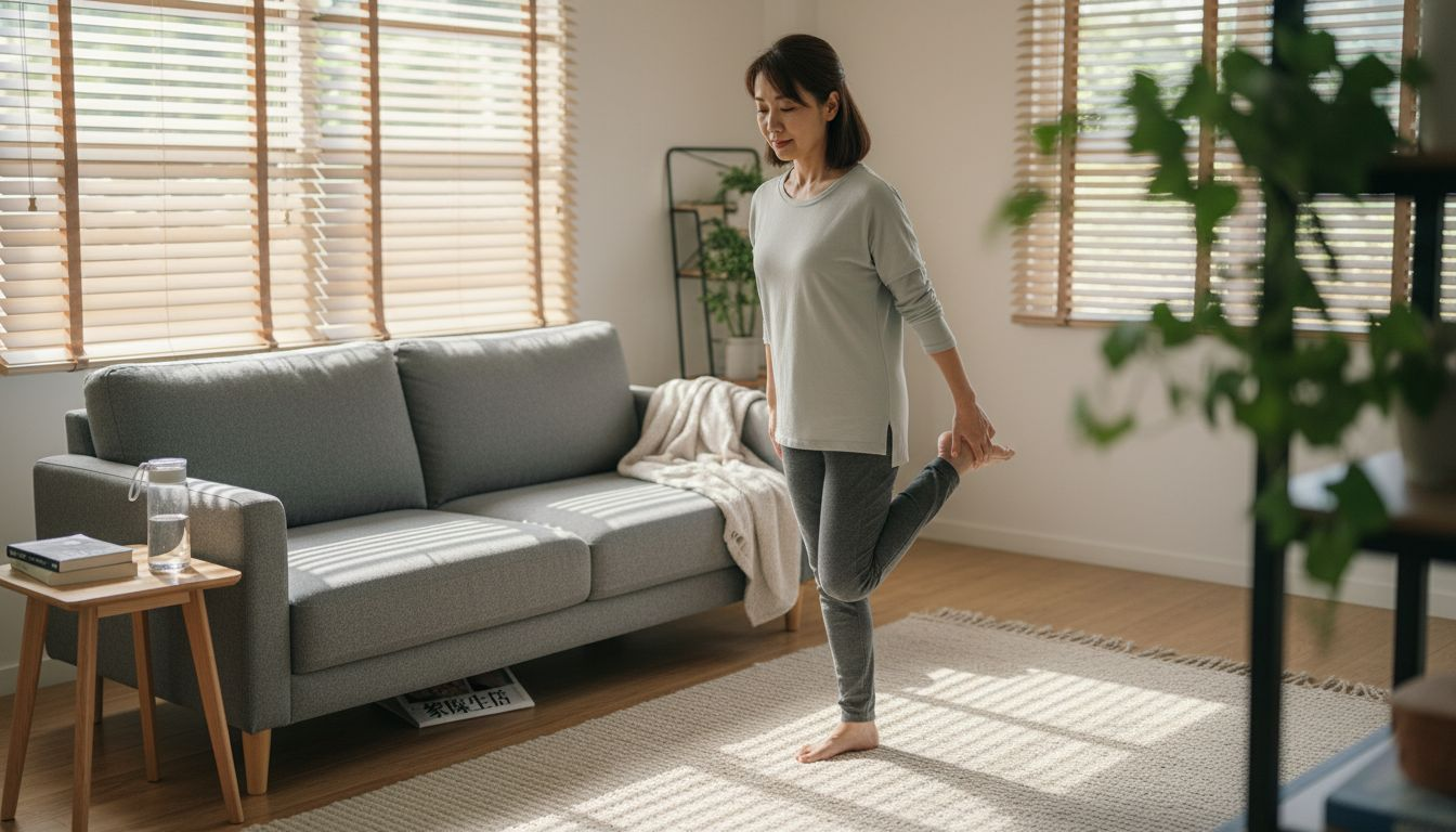 一位女士在家里做平衡训练，专注地锻炼身体协调性。