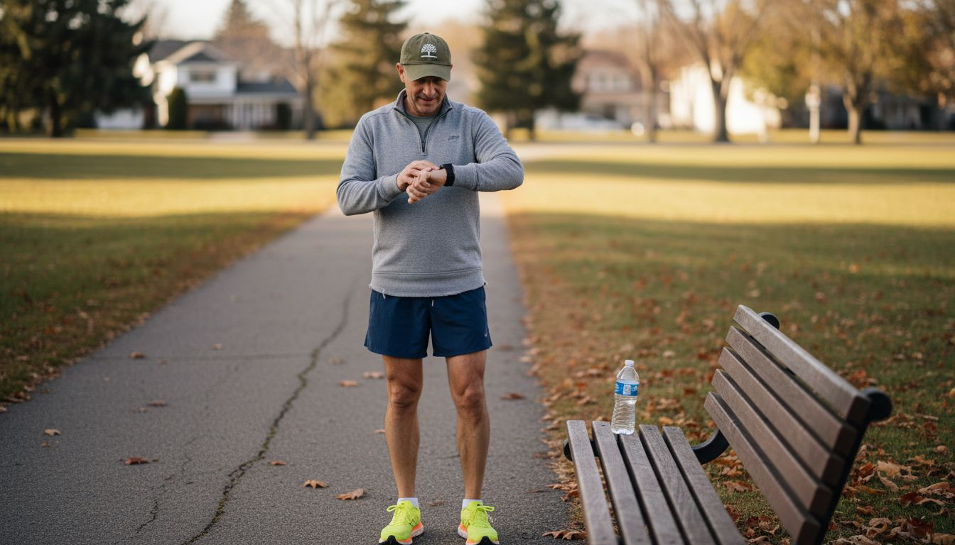 Man checking wearable health device outdoors