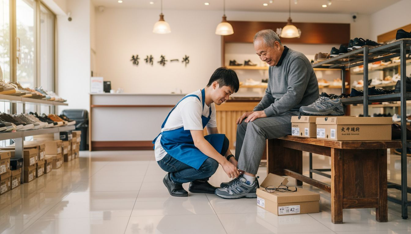 一位老人正在鞋店试穿舒适的步行鞋