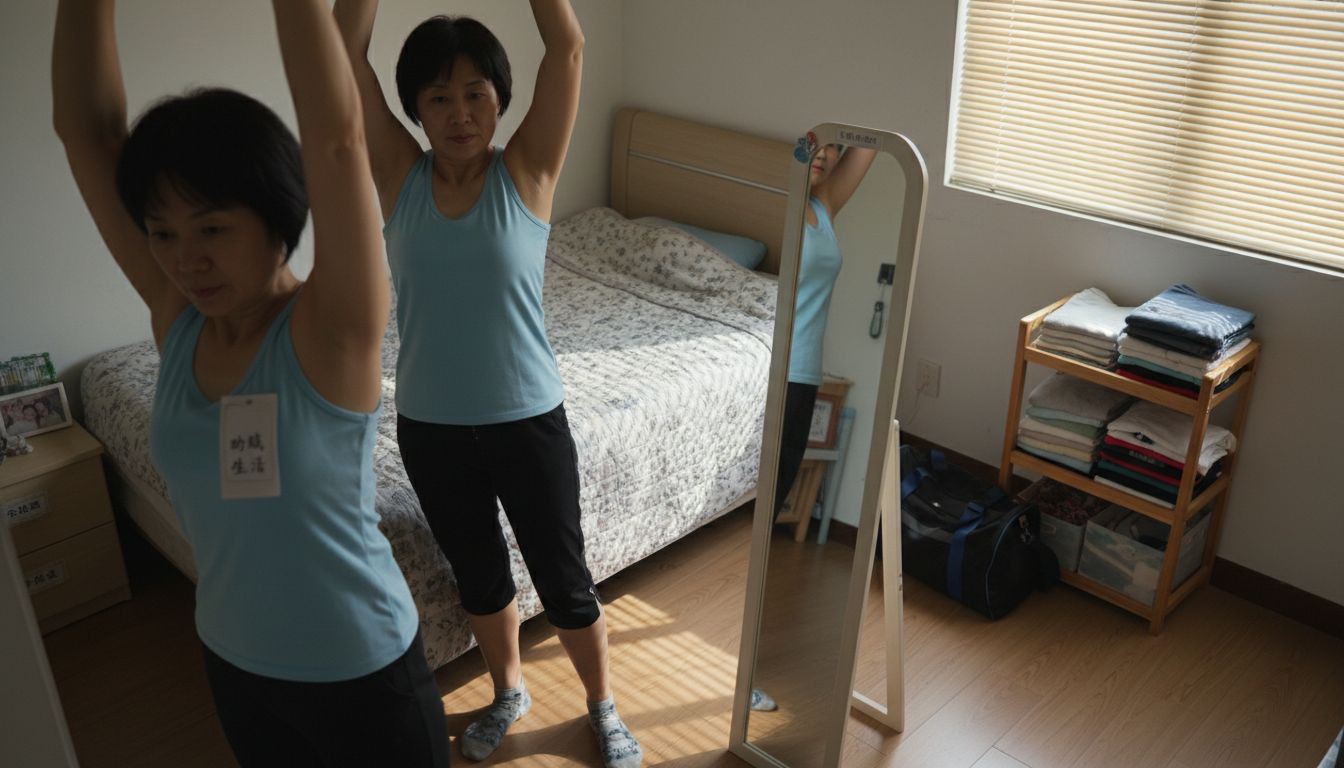 一位中年女士穿着运动服正在做拉伸运动。