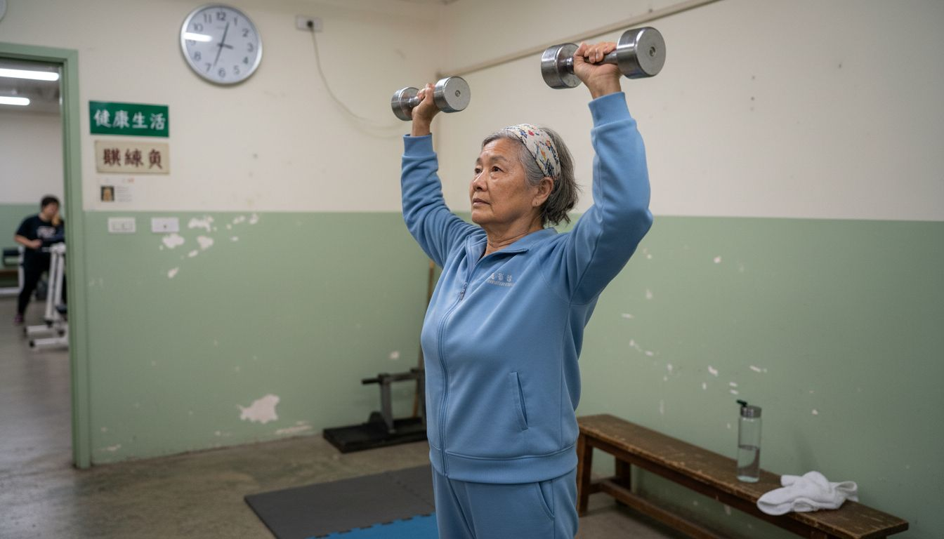 一位年长的女性正在举哑铃锻炼肩膀力量。