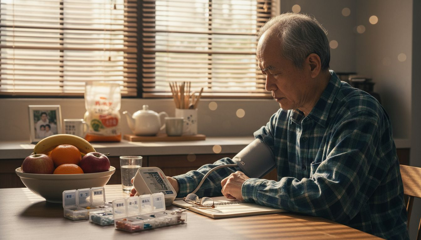 一位老年人在家里细心地测量自己的血压,关注健康状况。